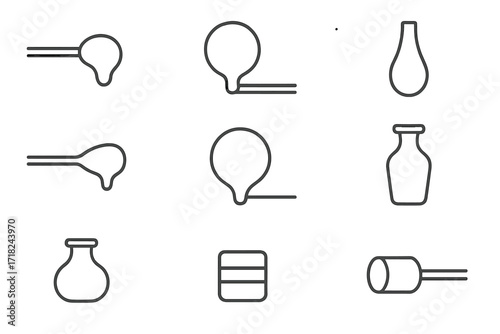 Glassblowing Stages Icons. Line style icons of molten glass stages: gather glob, inflated bubble, elongated form, shaped neck,