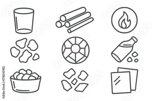 Glass Type Icons. Line style icons of types of glass used: soda lime, borosilicate rod, fused quartz, colored frit, stained glass,
