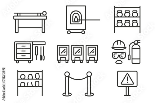 Glassblowing Studio Icons. Line style icons of glassblowing studio setup: workbench, furnace station, color shelf, tool cart,