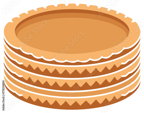 Stacked circular containers with decorative rims, food packaging containers illustration, plastic packaging box isometric