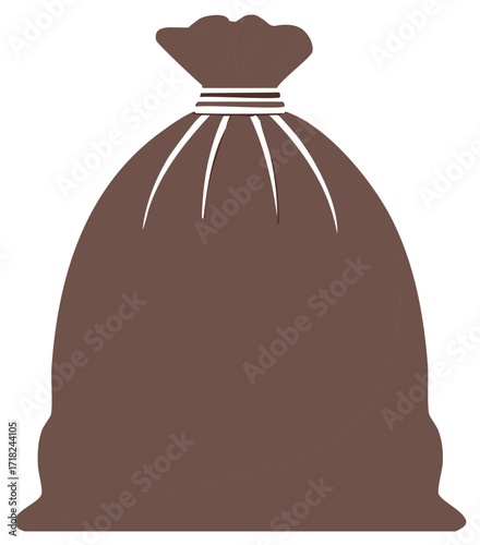 Brown burlap sack with drawstring closure and stylized pattern