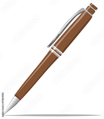 Detailed Illustration of a Brown Ballpoint Pen with Silver Accents on White