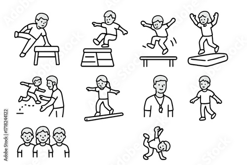 Youth Parkour Training Icons. Line style icons of youth parkour training: mini vault, soft box, kid-sized rail, padded mat, guided