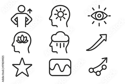 Parkour's Mental Benefits Icons. Line style icons of mental benefits of parkour: confidence boost, clarity symbol, focus ring,