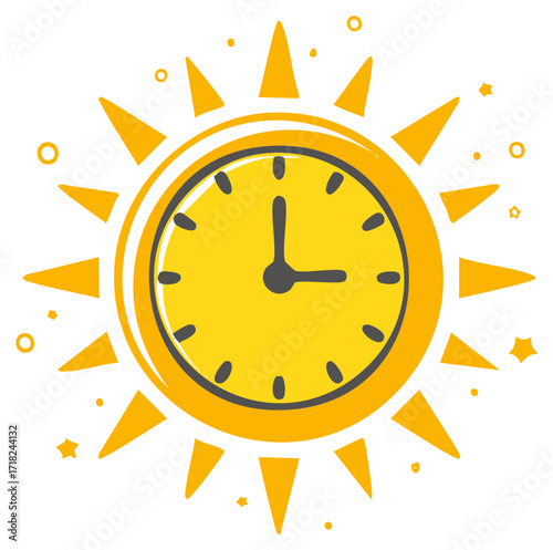 Yellow sunburst clock vector illustration, time concept graphic, hand drawn style.