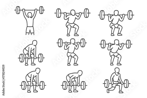 Barbell Lift Icons. Line style icons of common barbell lifts: overhead press, back squat, front squat, deadlift, push press, push