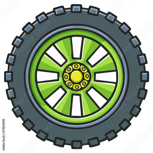 Cartoon illustration of a green monster truck wheel with a rugged off road tire