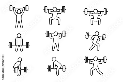 Barbell Lift Icons. Line style icons of common barbell lifts: overhead press, back squat, front squat, deadlift, push press, push