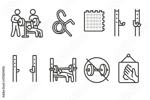 Weightroom Safety Icons. Line style icons of weightroom safety: spotter stand, bar clip lock, padded flooring, rack hooks, safety