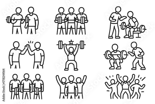 Gym Community Icons. Line style icons of gym community: training partners, team lift, coach support, shared goal, high five, PR