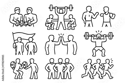 Gym Community Icons. Line style icons of gym community: training partners, team lift, coach support, shared goal, high five, PR