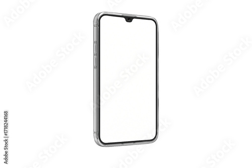 Angled view smartphone mockup with blank white screen, isolated on transparent background