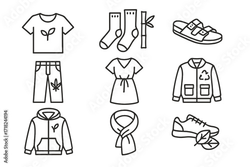 Sustainable Wardrobe Icons. Line style icons of sustainable wardrobe items: organic t-shirt, bamboo socks, cork sandals, hemp