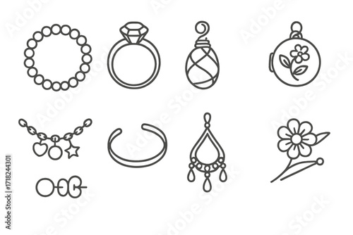 Handmade Jewelry Icons. Line style icons of handmade jewelry types: beaded bracelet, gemstone ring, wire-wrapped pendant, engraved
