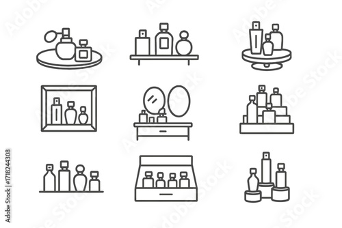 Perfume Display Concepts. Line style icons of perfume display ideas: mirrored tray, perfume shelf, rotating stand, shadow box,