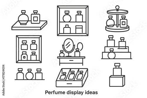 Perfume Display Concepts. Line style icons of perfume display ideas: mirrored tray, perfume shelf, rotating stand, shadow box,