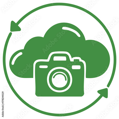 Green Photo Camera with Cloud in Round Cycle Arrow Symbol Cloud Data Storage Concept