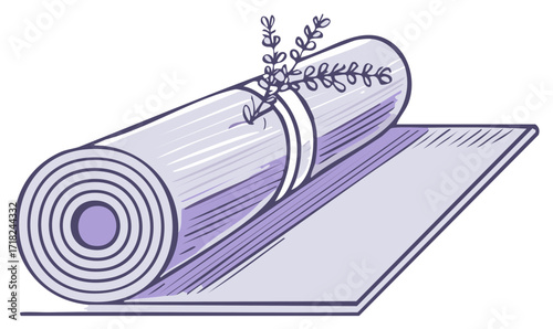 Rolled Yoga Mat with Lavender Sprig Sketch Illustration for Fitness and Wellness Practices