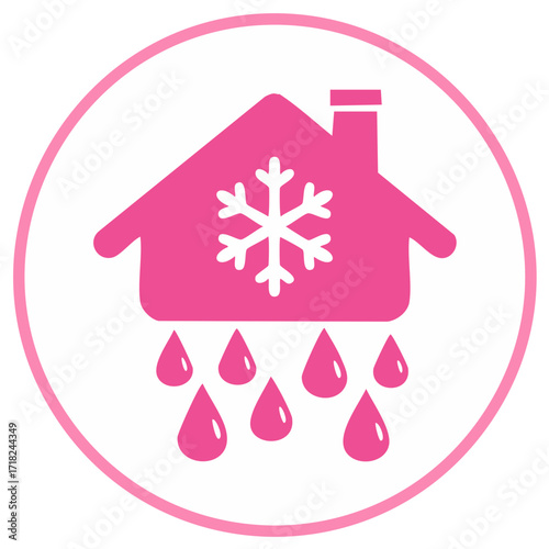 House with snowflake and water drips icon depicting winter conditions or insulation issues in pink circular design