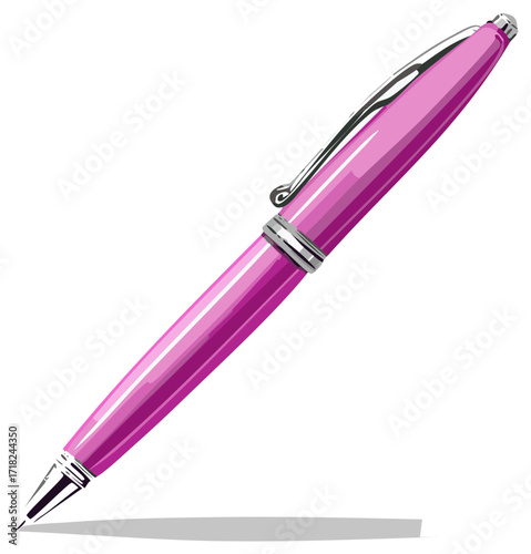 Vibrant pink rollerball writing pen with shiny silver details stationery illustration