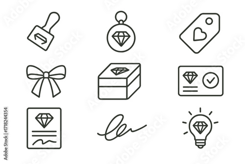 Jewelry Branding Icons. Line style icons of jewelry branding: maker’s mark stamp, logo tag, custom label, packaging ribbon,