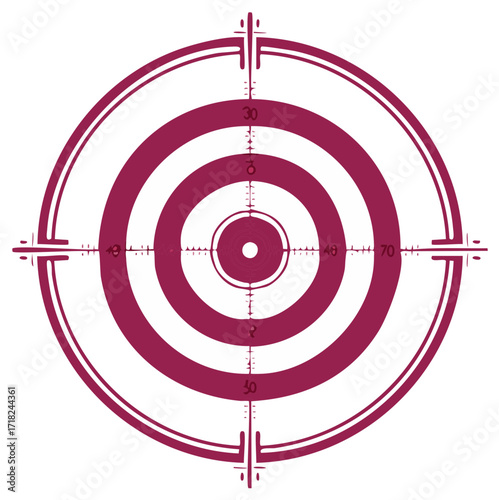 Precision aiming target illustration featuring concentric circles crosshairs and score markings