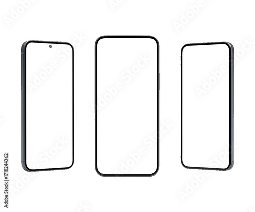 Three smartphone mockups with blank white screens, front and side views, isolated on transparent background