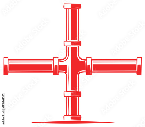 Red plumbing pipe intersection with four connecting pipes creating a cross shape