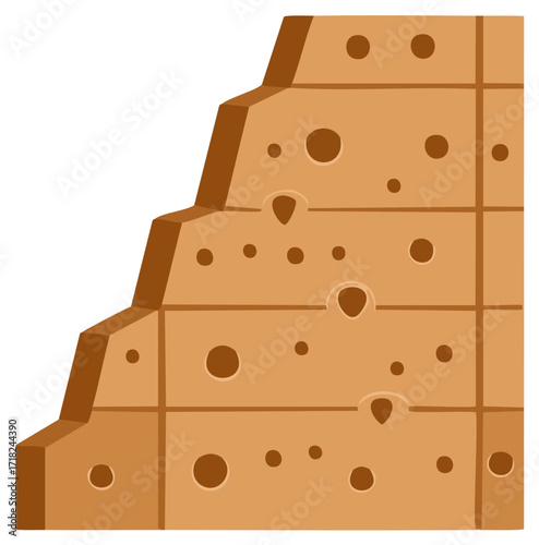 Abstract brown stepped layers with circular holes and porous texture illustration