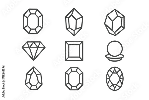 Birthstone Line Icons. Line style icons of birthstone symbols: garnet, amethyst, aquamarine, diamond, emerald, pearl, ruby,