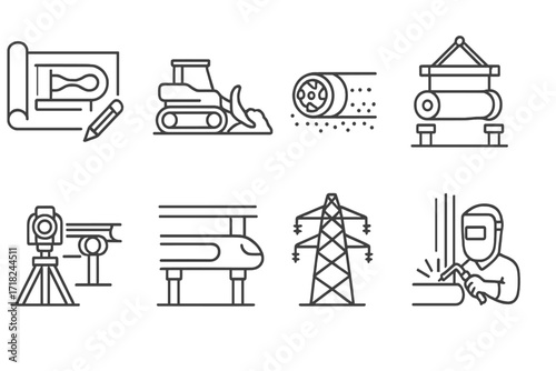 Hyperloop Construction Phases. Line style icons of Hyperloop construction phases: blueprint plan, ground preparation, tunnel