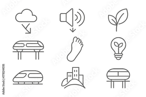 Hyperloop Eco-Friendly Innovation. Line style icons of Hyperloop environmental impact: reduced emissions, noise pollution drop,