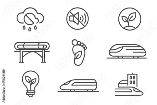Hyperloop Eco-Friendly Innovation. Line style icons of Hyperloop environmental impact: reduced emissions, noise pollution drop,