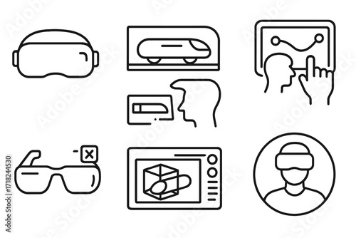 Hyperloop Virtual Experience Icons. Line style icons of Hyperloop virtual experience: VR preview headset, simulation ride, concept
