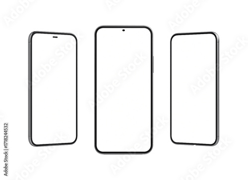 Set of three smartphone mockups with blank white screens, isolated on transparent background
