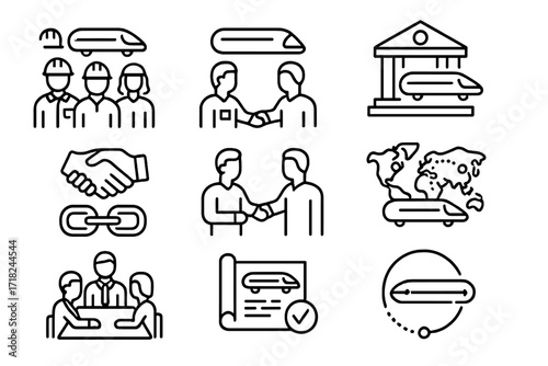 Hyperloop Collaboration Icons. Line style icons of Hyperloop collaboration: engineering team, startup partnership, government