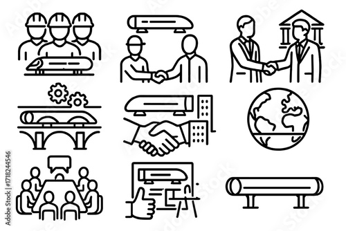 Hyperloop Collaboration Icons. Line style icons of Hyperloop collaboration: engineering team, startup partnership, government