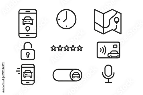 AV Ride Interface Icons. Line style icons of AV user interface: mobile ride app, ETA display, map with AV route, unlock button,