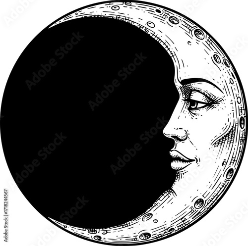 Vintage sketch of crescent moon with human face in detailed black lines. Vector illustration