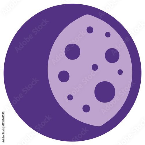 Stylized purple moon icon with craters on a dark circle space graphic