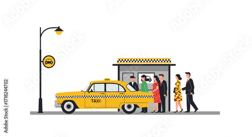 Retro taxi stand scene with people in vintage attire waiting for a cab