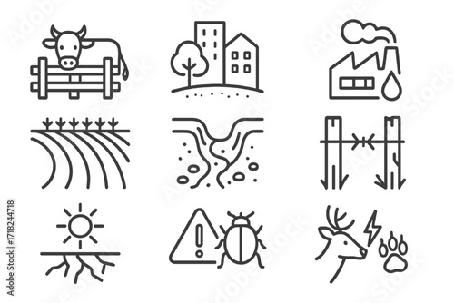 Rewilding Challenges Icons. Line style icons of rewilding challenges: livestock barrier, urban edge, pollution source, monoculture