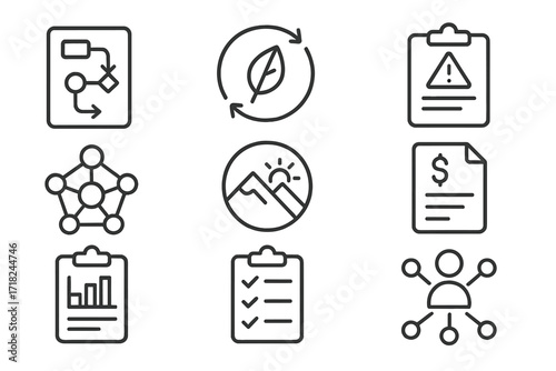 Rewilding Management Icons. Line style icons of rewilding management: project plan icon, adaptive strategy, risk analysis sheet,