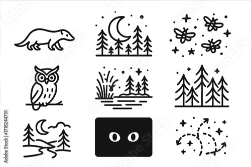 Nocturnal Nature Icons. Line style icons of night and dusk rewilding scenes: nocturnal animal, moon over forest, firefly swarm,