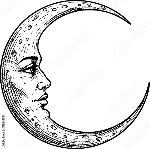 Vintage sketch of crescent moon with human face in detailed black lines. Vector illustration