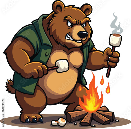 Cartoon bear roasting marshmallow on campfire, funny camping animal

