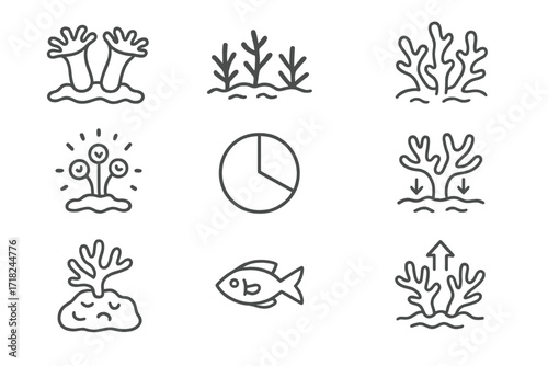 Coral Health Icons. Line style icons of coral health indicators: healthy polyps, new coral growth, algal cover, bleaching sign,