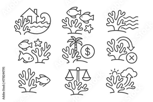 Coral Ecosystem Icons. Line style icons of coral ecosystem services: shoreline protection, fish nursery, wave barrier,