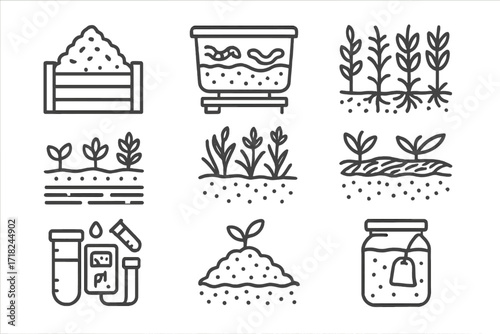 Soil Health Icons. Line style icons of soil health techniques: compost pile, vermicompost bin, cover crop, no-till bed, green