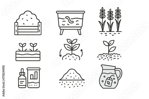 Soil Health Icons. Line style icons of soil health techniques: compost pile, vermicompost bin, cover crop, no-till bed, green